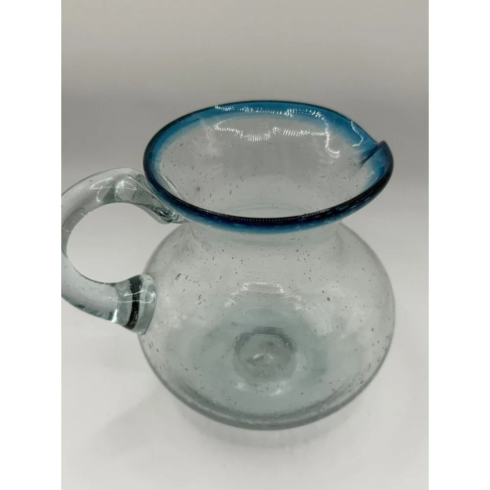 Hand Blown Art Glass Creamer Pitcher Blue Rim Bubble Glass Pontil 4.5”